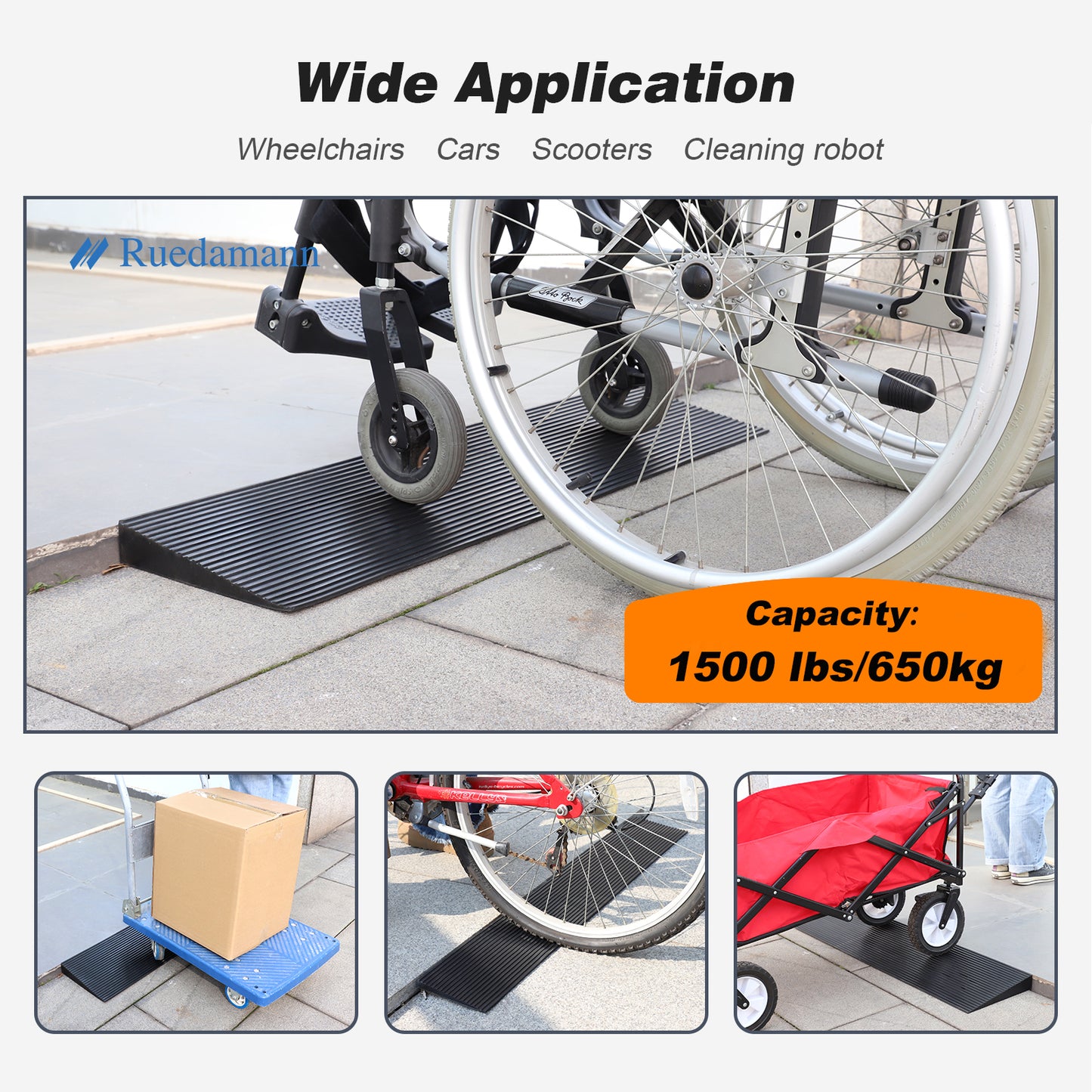 Ruedamann 35.4"W Rubber Threshold Ramp, Cuttable, 1500 lbs,Outdoor and Indoor