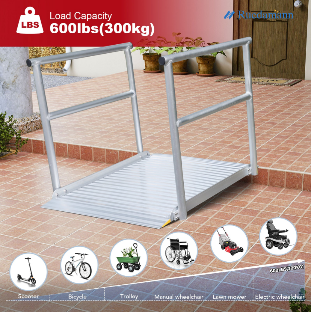 Ruedamann 3'L x 36" W Aluminum Wheelchair Ramp with Handrails, 600 Lbs Capacity Threshold Ramp for Home Steps Stairs Curbs, Non-Slip Access Ramp, Doorway Ramps for Wheelchairs Scooters Carts Walkers