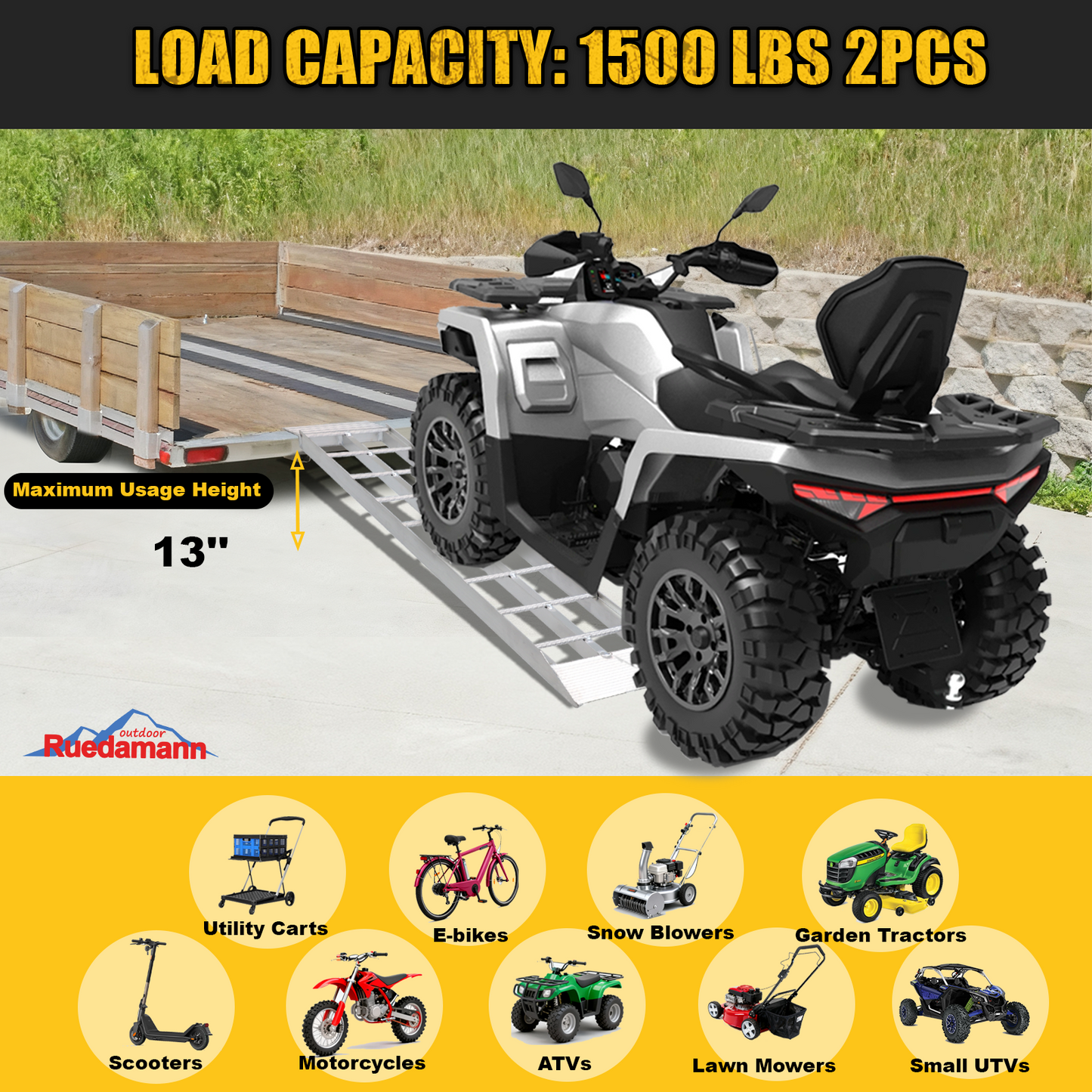Ruedamann 43'' Aluminum Loading Ramp, 1500 lbs Capacity Loading Ramps for Riding Mower, Portable Anti-Slip Shed Ramps for Lawn Mower, Dirt Bike, ATV, Motorcycle, Trailer, Lightweight, 2PCS