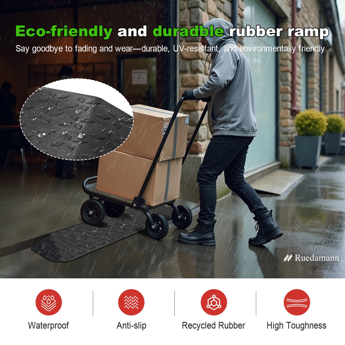 Ruedamann 42.9"W Rubber Threshold Ramp,Cuttable,Transition Edge,2200 lbs,Outdoor and Indoor