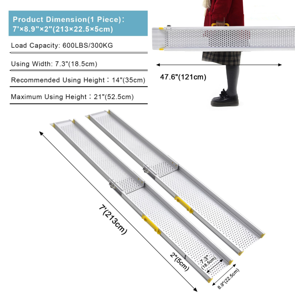Ruedamann Adjustable Wheelchair Ramp, 9" Wider Portable Ramp for Wheelchair, 600 lbs Per Pair Capacity, Telescopic Aluminum Wheelchair Ramp for Home, Doorways, Curbs, Scooters