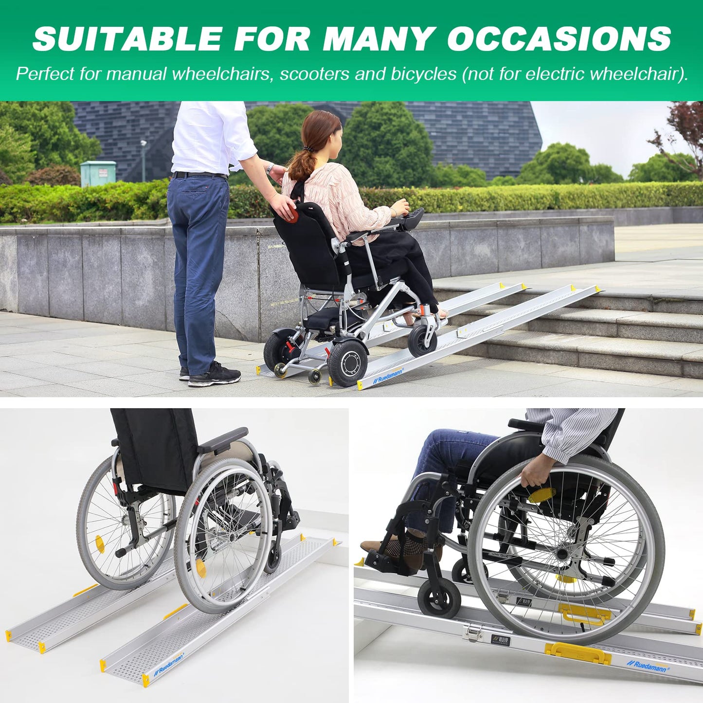 Ruedamann Portable Wheelchair Ramp, 600 lbs Per Pair Capacity, Adjustable Aluminum Ramps for Wheelchairs, 8" Width Wheelchair Ramps for Home Steps, Doorways, Curbs