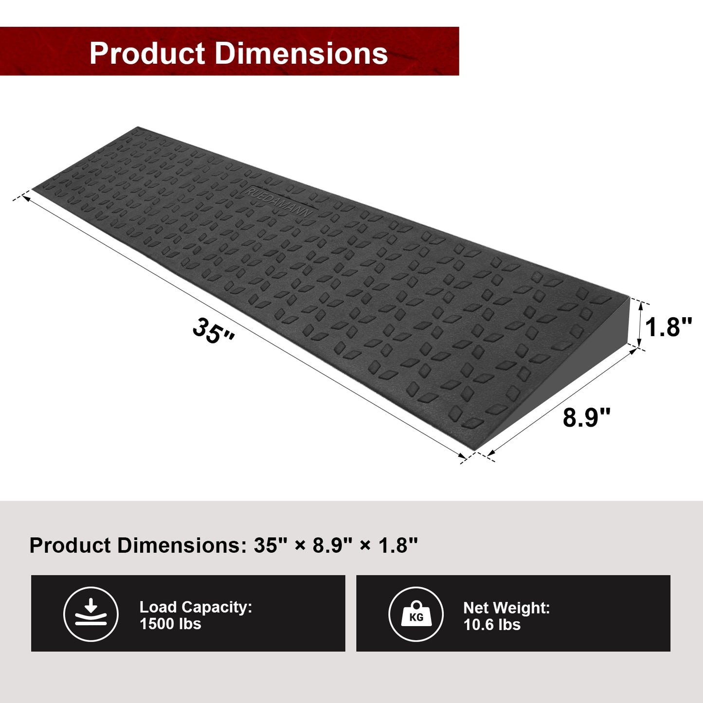 Ruedamann 35" W Rubber Threshold Ramp, Cuttable,1500lbs,Outdoor and Indoor