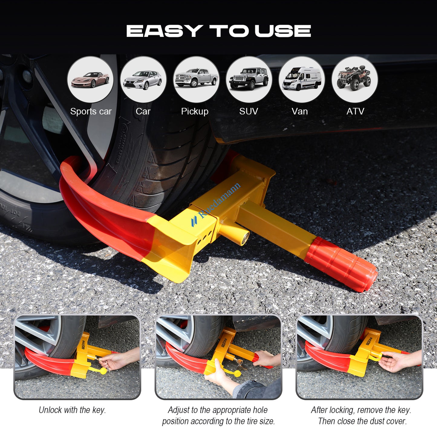 Ruedamann Universal Wheel Lock, Heavy Duty Trailer Wheel Lock, Anti Theft Tire Lock for Cars, Trucks, ATVs, Motorcycles, Anti Car Theft Lock for Trailers, Golf Cart, (Red-Yellow, 3 Keys)