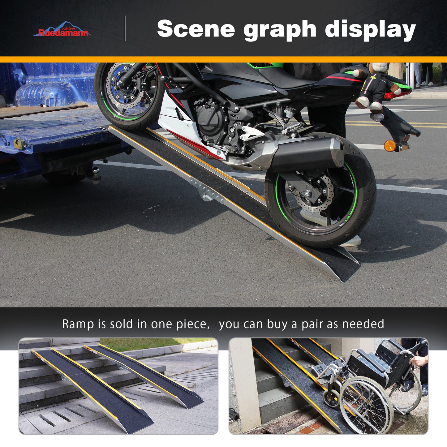 Ruedamann 71"L Aluminum Loading Ramp, Folding, Usable Width 8.5",600lbs, 1PC