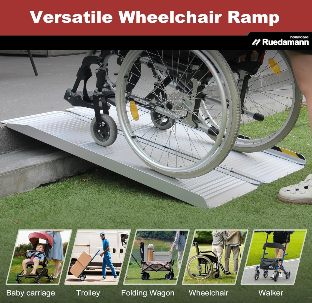 Ruedamann Portable Wheelchair Ramp for Doorways, Non-Slip Aluminum Wheelchair Ramp, Folding Ramp for Home Steps, Threshold Ramp for Wheelchairs, Scooters, Steps, Stairs, Walkers, Pets