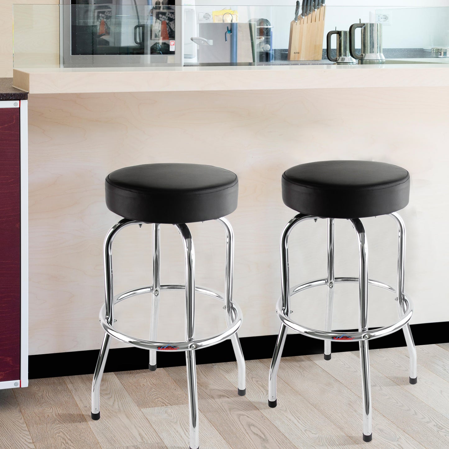 Ruedamann 29" H Swivel Bar Stool, Black Leatherette Padded Seat, Chrome Frame, Holds Up to 300 lbs, Shop Stool for Kitchen, Home Bar