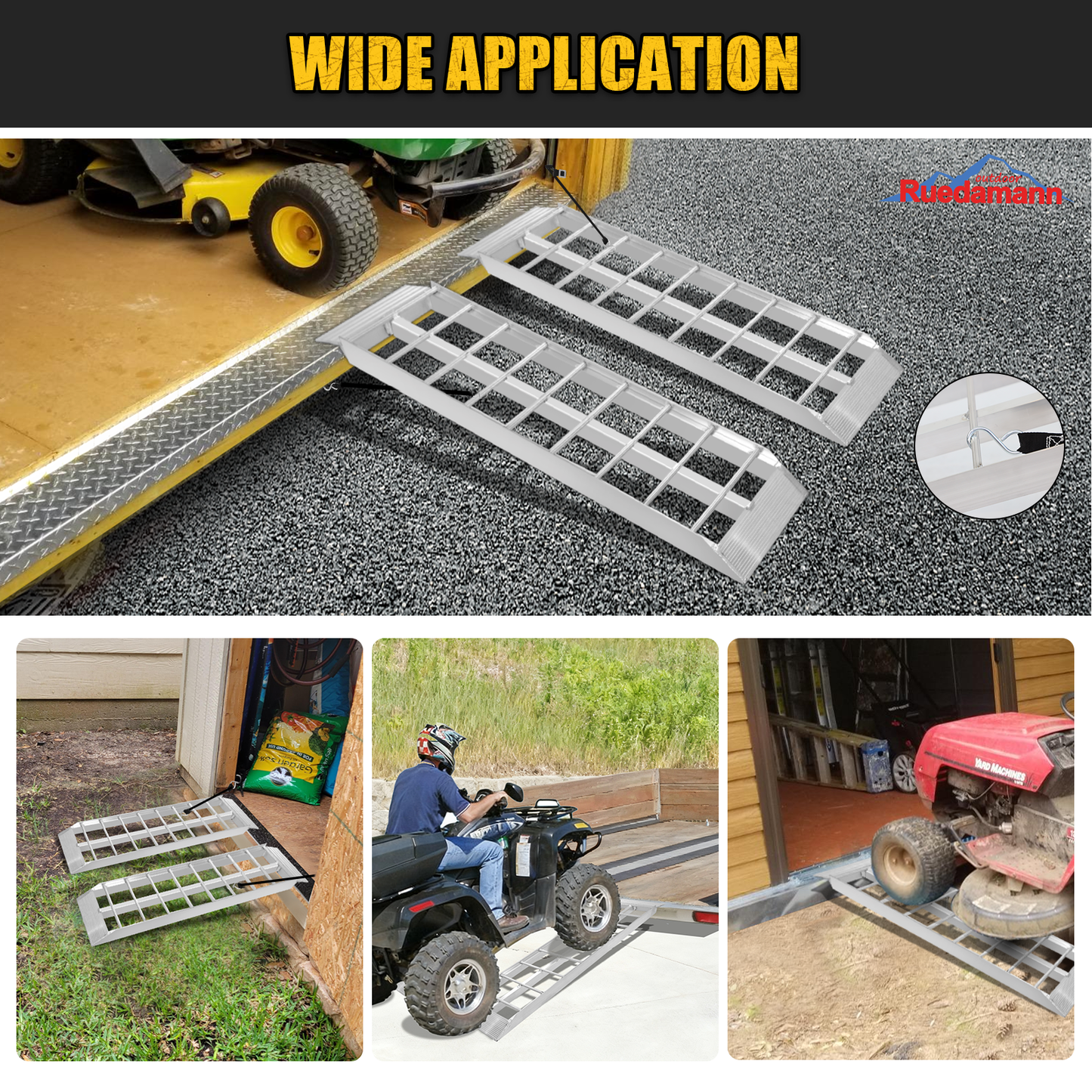 Ruedamann 43'' Aluminum Loading Ramp, 1500 lbs Capacity Loading Ramps for Riding Mower, Portable Anti-Slip Shed Ramps for Lawn Mower, Dirt Bike, ATV, Motorcycle, Trailer, Lightweight, 2PCS