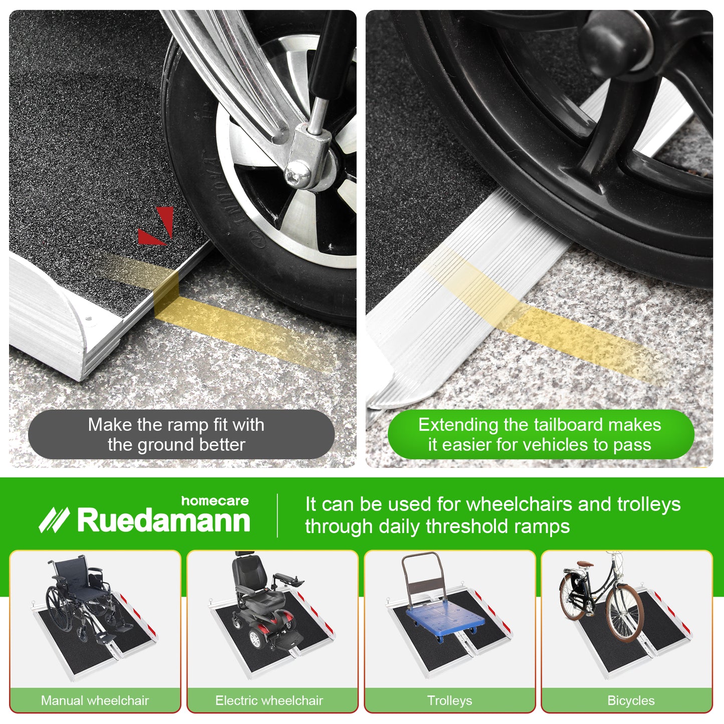 Ruedamann® Wheelchair Ramp with Non-Slip Surface Portable Aluminum Folding
