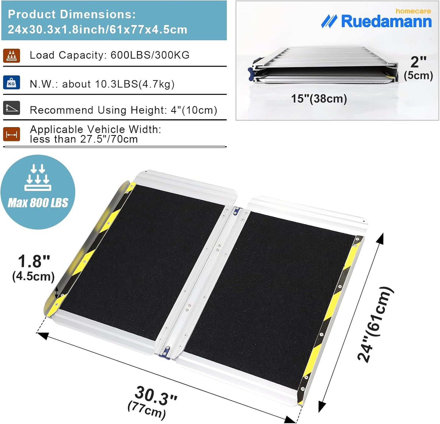 Ruedamann 2FT Portable Wheelchair Ramp, 30 1/4 inches Wider Folding Ramps for Home Steps, Non-Slip Aluminum Wheelchair Ramps for Doorways, Strollers, Stairs, Scooters, Car, Curbs
