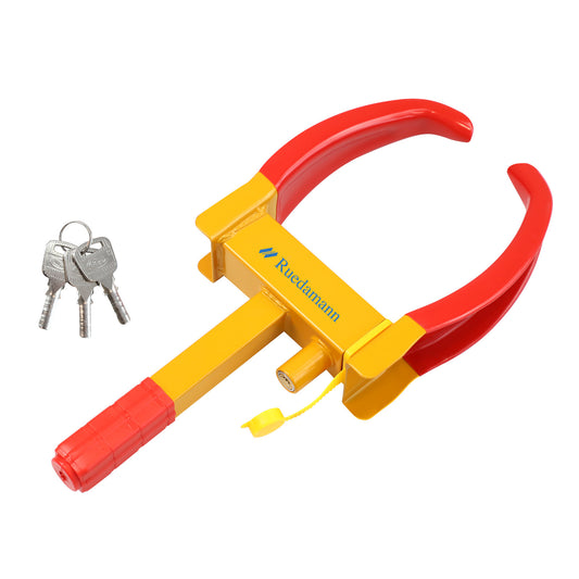 Ruedamann Universal Wheel Lock, Heavy Duty Trailer Wheel Lock, Anti Theft Tire Lock for Cars, Trucks, ATVs, Motorcycles, Anti Car Theft Lock for Trailers, Golf Cart, (Red-Yellow, 3 Keys)
