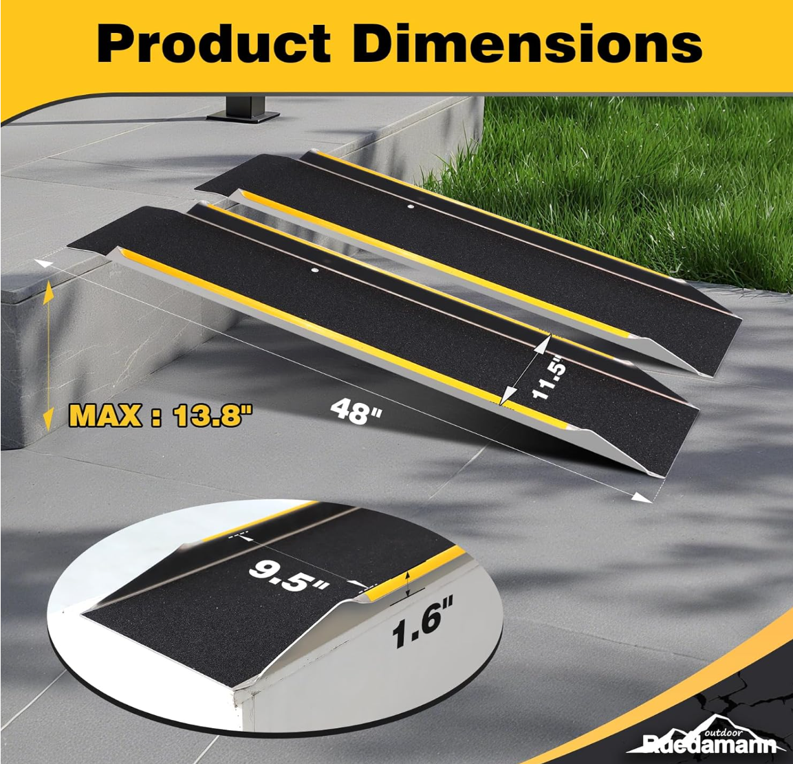 Ruedamann 48" Aluminum Shed Ramps for Lawn Mowers, 2PCS - 11.5" Wide Lightweight Sturdy Non-Slip Loading Ramps with Grit-Coated Surface, Truck Bed, Motorcycle, ATV, UTV, Trailer, 1200 LBS Capacity