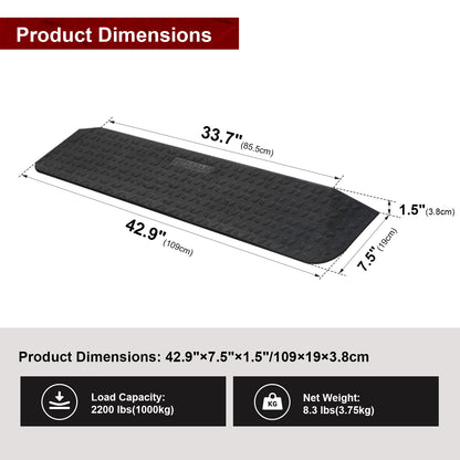Ruedamann 42.9"W Rubber Threshold Ramp,Cuttable,Transition Edge,2200 lbs,Outdoor and Indoor