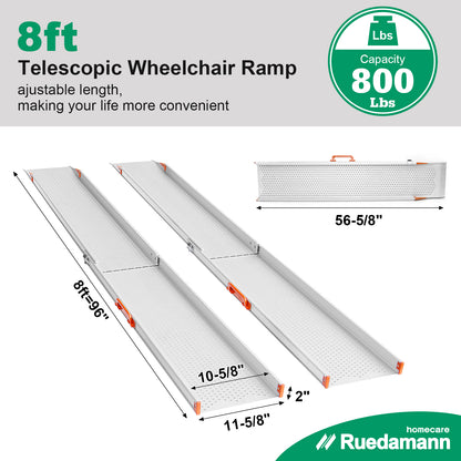 Ruedamann Telescoping Wheelchair Ramp,Aluminum, 11-5/8" Wider Design, 800 lbs, 2 Pcs