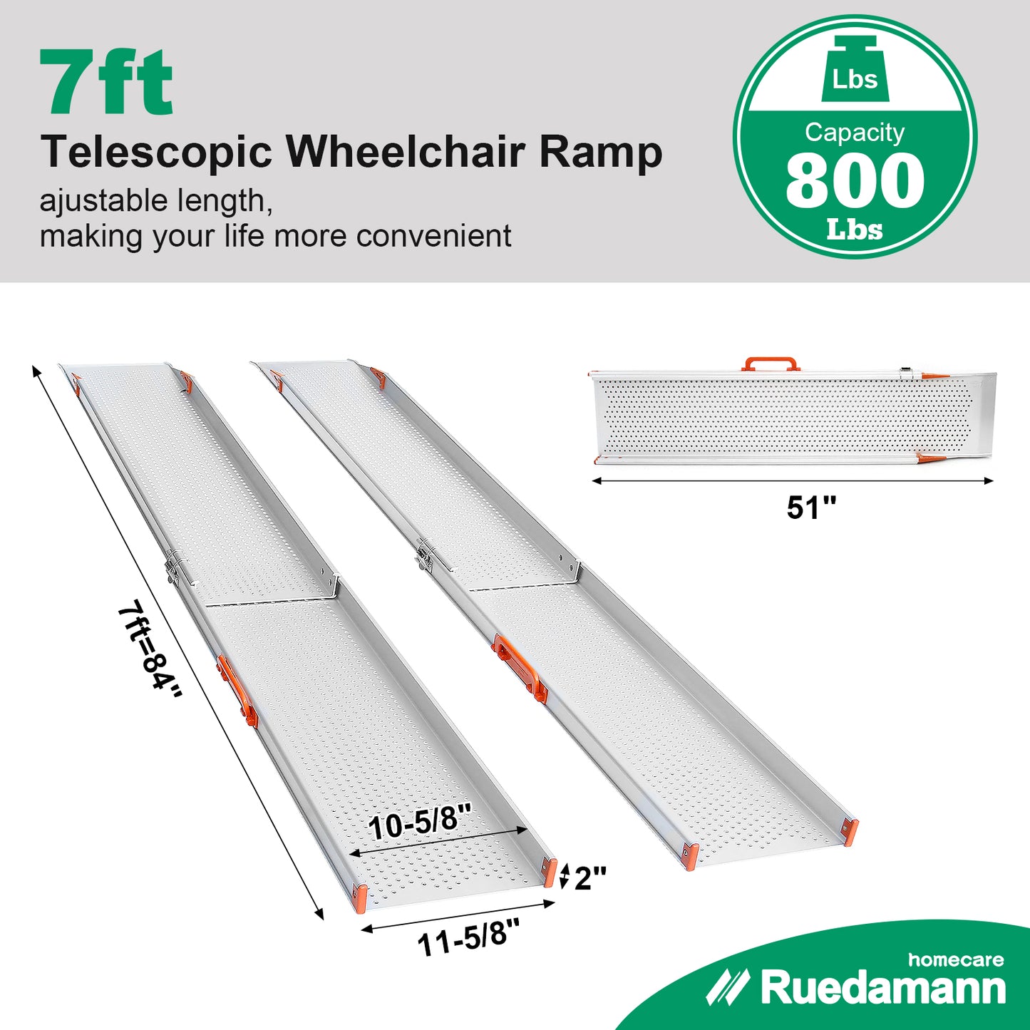 Ruedamann Telescoping Wheelchair Ramp,Aluminum, 11-5/8" Wider Design, 800 lbs, 2 Pcs