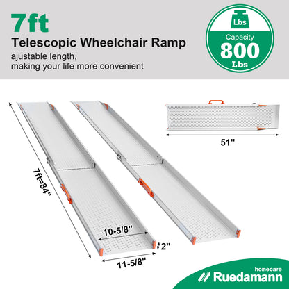 Ruedamann Telescoping Wheelchair Ramp,Aluminum, 11-5/8" Wider Design, 800 lbs, 2 Pcs