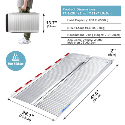 Ruedamann 28.1"W Folding Wheelchair Ramp,Aluminum,Portable,Handle, 600 lbs,Doorsteps,Sliver