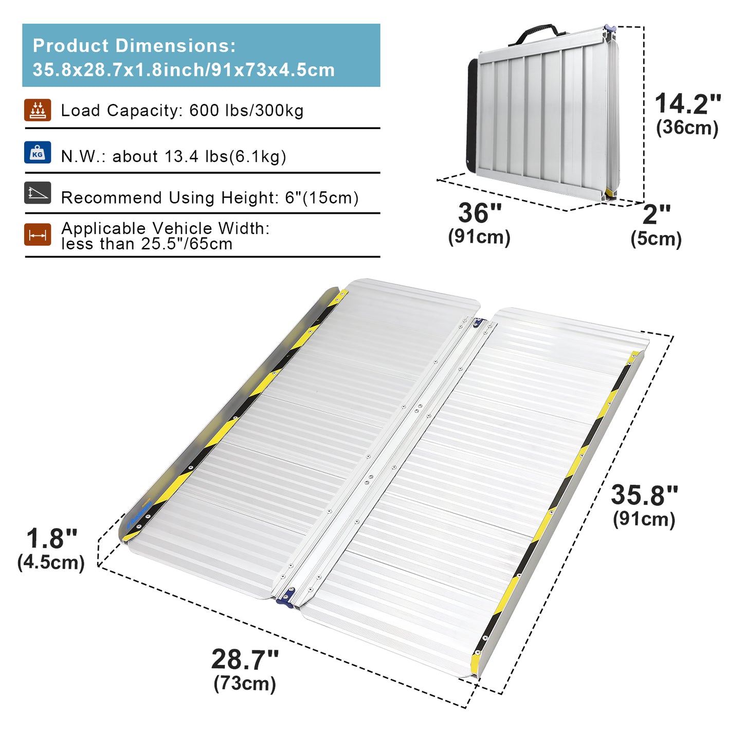 Ruedamann 28.7" W Folding Wheelchair Ramp,,AluminumPortable,Handle,600 lbs