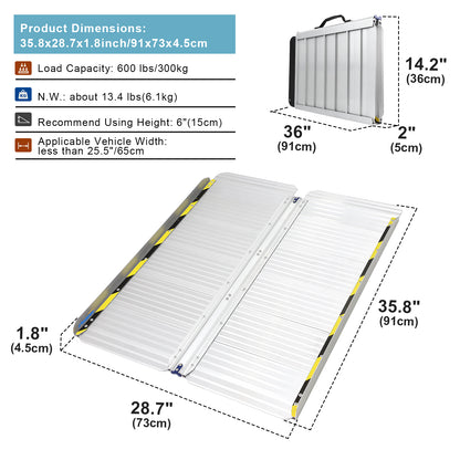 Ruedamann 28.7" W Folding Wheelchair Ramp,,AluminumPortable,Handle,600 lbs