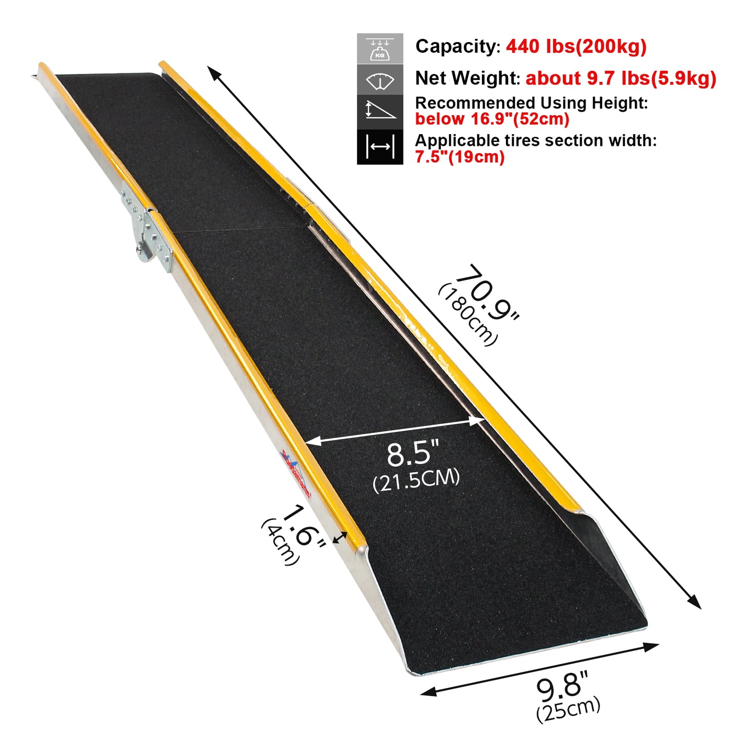 Ruedamann 71"L Aluminum Loading Ramp, Folding, Usable Width 8.5",600lbs, 1PC