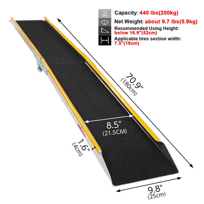 Ruedamann 71"L Aluminum Loading Ramp, Folding, Usable Width 8.5",600lbs, 1PC