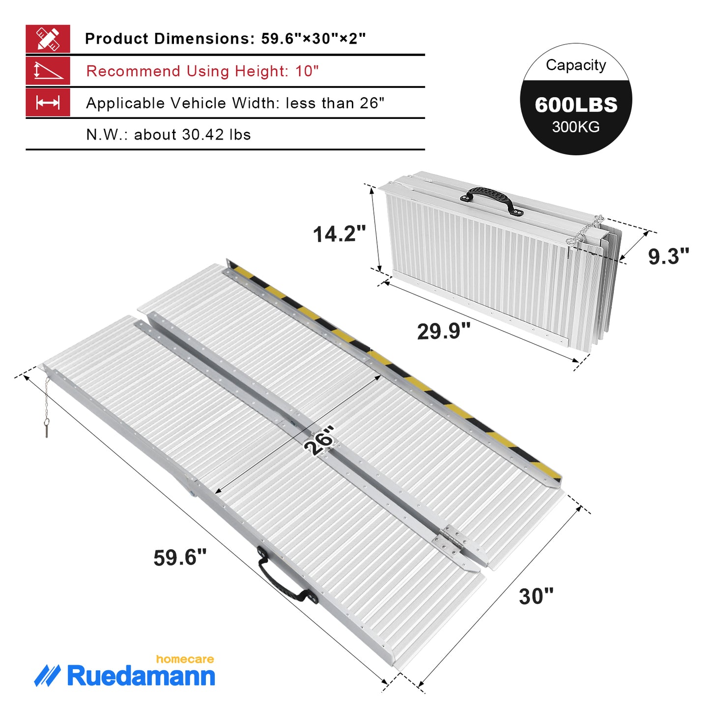 Ruedamann 5FT Folding Wheelchair Ramp,Aluminum,Portable ,600 lbs