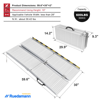 Ruedamann 5FT Folding Wheelchair Ramp,Aluminum,Portable ,600 lbs
