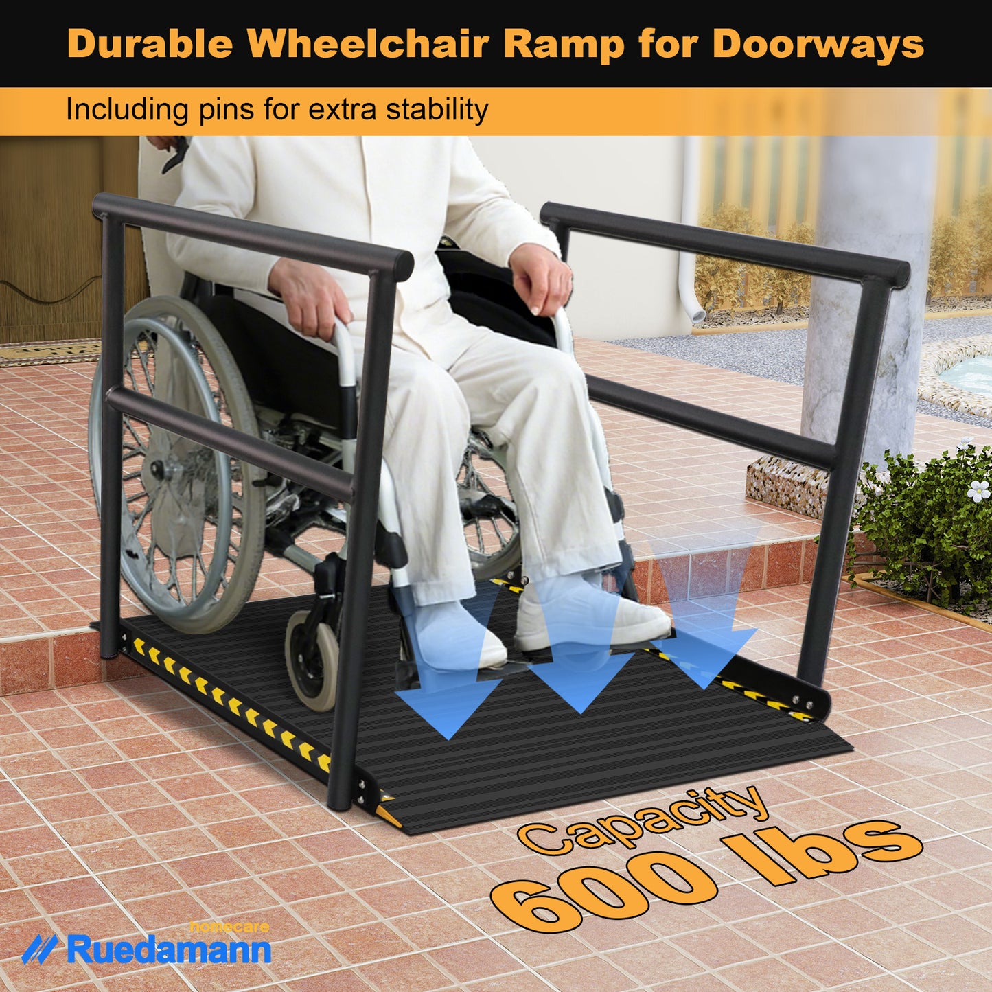 Ruedamann 36"L x 36" W Aluminum Wheelchair Ramp with Handrails, 600 lbs,Sliver