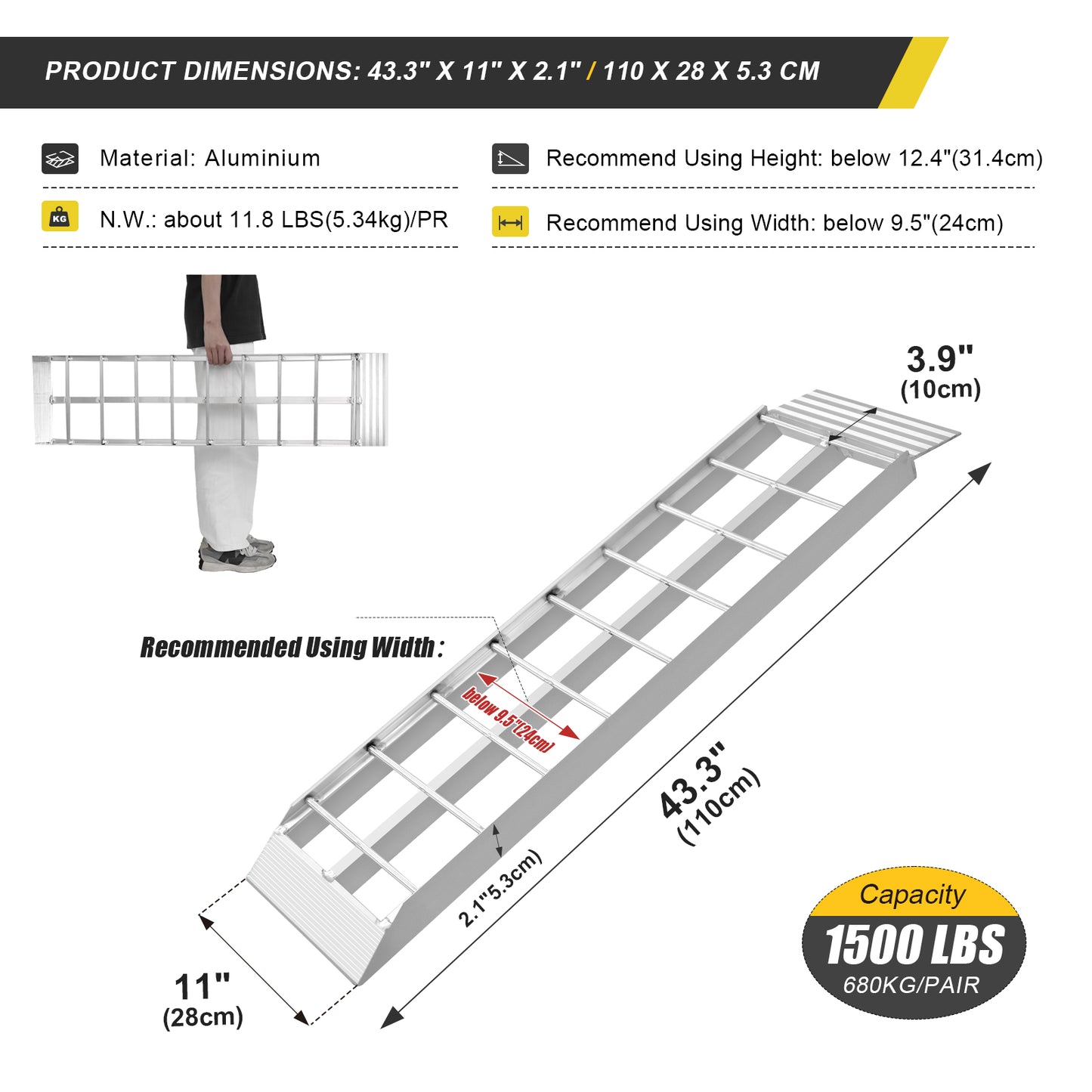 Ruedamann 43'' Aluminum Loading Ramp, 1500 Lbs Capacity Loading Ramps for Riding Mower, Portable Anti-Slip Shed Ramps for Lawn Mower, Dirt Bike, ATV, Motorcycle, Trailer, Lightweight, 2PCS（Almost Perfect）