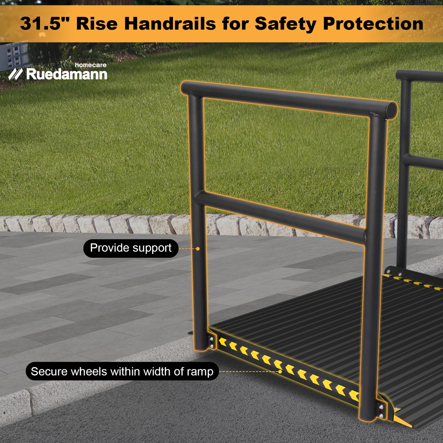 Ruedamann 36"L x 36" W Aluminum Wheelchair Ramp with Handrails, 600 lbs,Sliver