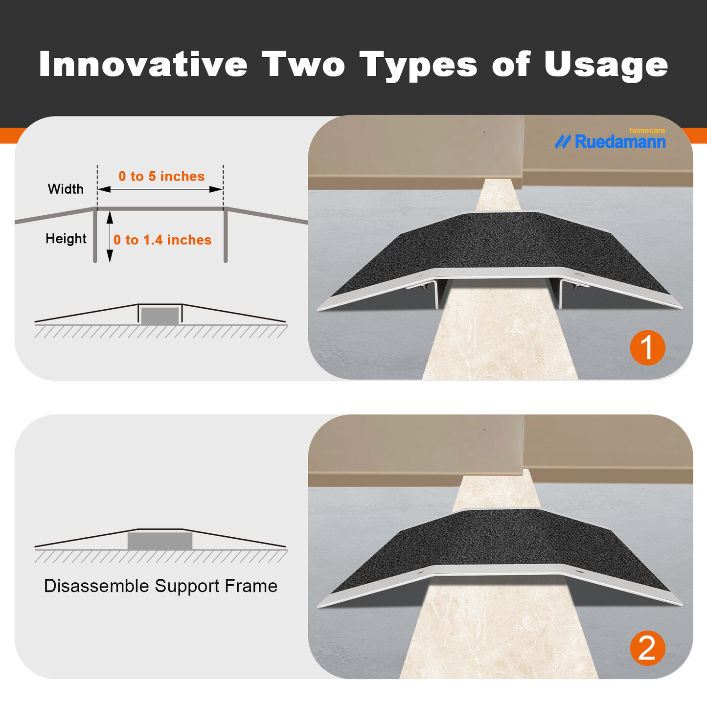 Ruedamann Bridge Threshold Ramp, 600lbs Load Capacity, Wheelchair Ramp with Detachable Supporting Frame and Non-Slip Surface, Aluminum Door Ramps for Wheelchairs, Stairs, Vans, Scooters, Steps