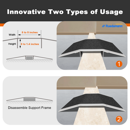 Ruedamann Bridge Threshold Ramp, 600lbs Load Capacity, Wheelchair Ramp with Detachable Supporting Frame and Non-Slip Surface, Aluminum Door Ramps for Wheelchairs, Stairs, Vans, Scooters, Steps