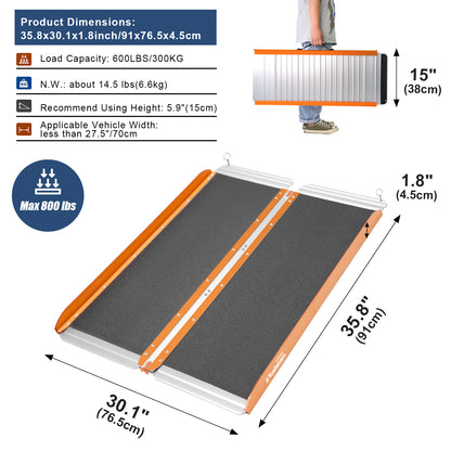 Ruedamann 30.1"W Folding Wheelchair Ramp, Non-Slip,Aluminum,Portable, 600 lbs