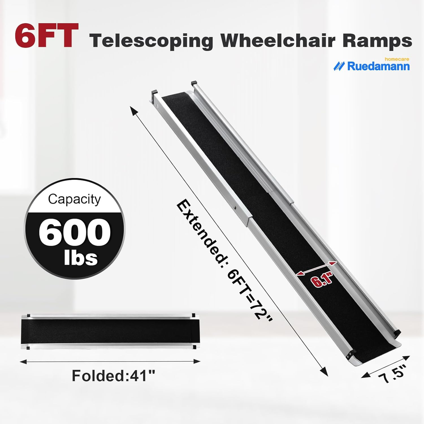 Ruedamann Wheelchair Ramp 6FT Telescoping Wheelchair Ramps for Home Steps Portable Non-Skid Ramps for Wheelchairs for Home Adjustable Aluminum Wheelchair Ramp Storage Bag (2 Pcs)
