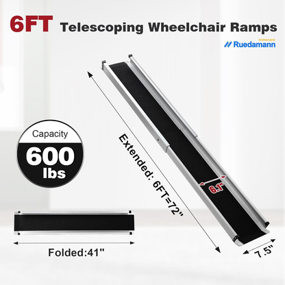 Ruedamann Wheelchair Ramp 6FT Telescoping Wheelchair Ramps for Home Steps Portable Non-Skid Ramps for Wheelchairs for Home Adjustable Aluminum Wheelchair Ramp Storage Bag (2 Pcs)