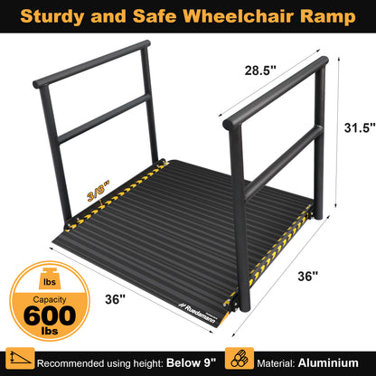 Ruedamann 36"L x 36" W Aluminum Wheelchair Ramp with Handrails, 600 lbs,Sliver