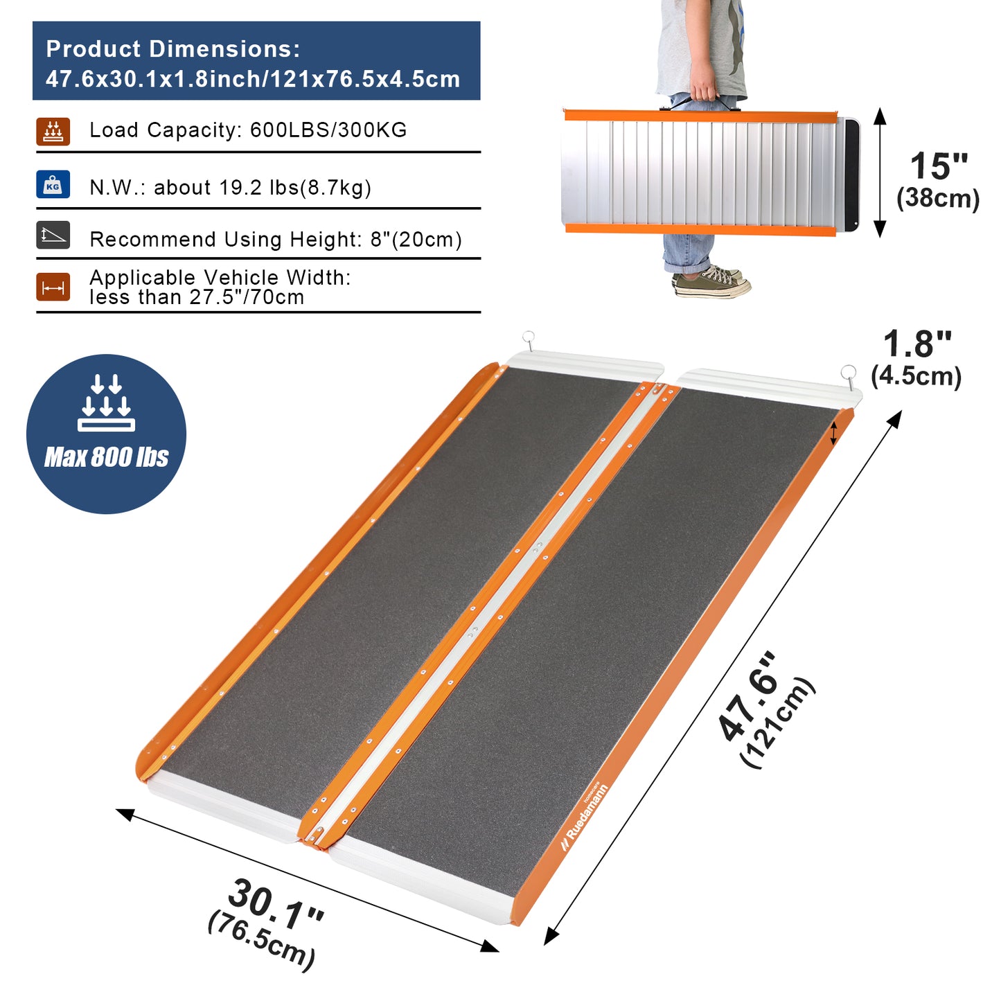 Ruedamann 30.1"W Folding Wheelchair Ramp, Non-Slip,Aluminum,Portable, 600 lbs