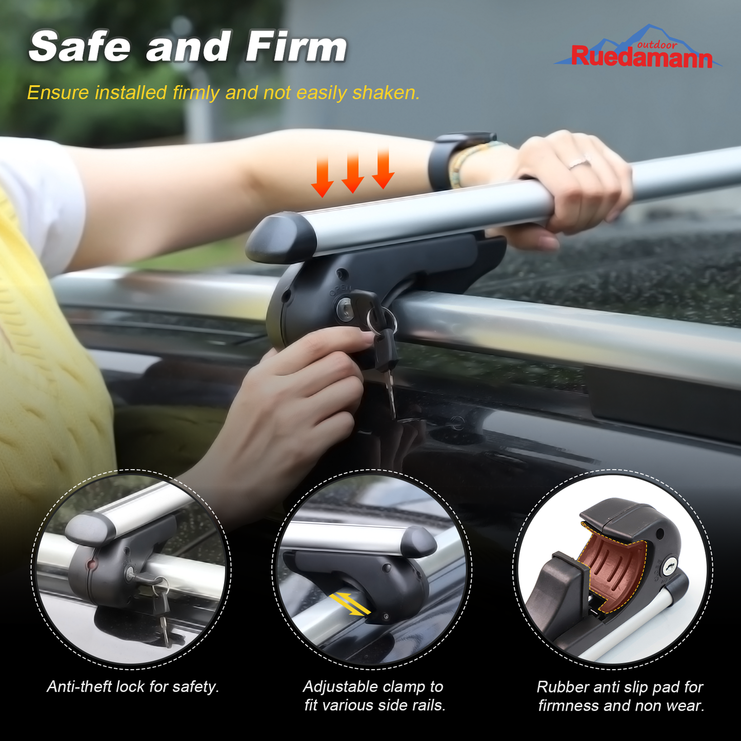 Ruedamann 53"L Universal Roof Rack Cross Bars, Adjustable,Aluminum, 165 lbs,2 Packs