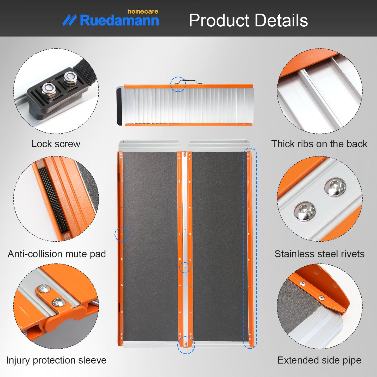 Ruedamann 30.1"W Folding Wheelchair Ramp, Non-Slip,Aluminum,Portable, 600 lbs