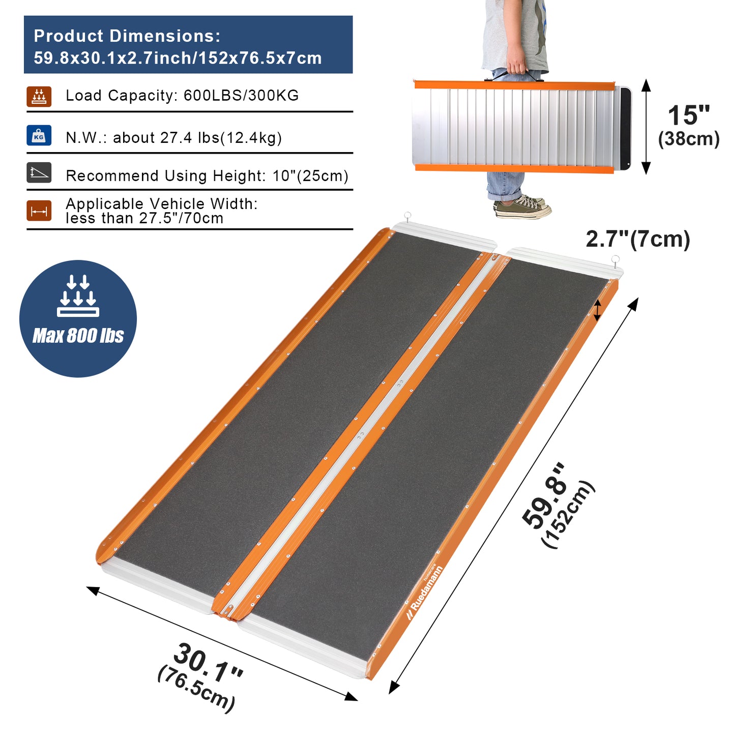 Ruedamann 30.1"W Folding Wheelchair Ramp, Non-Slip,Aluminum,Portable, 600 lbs