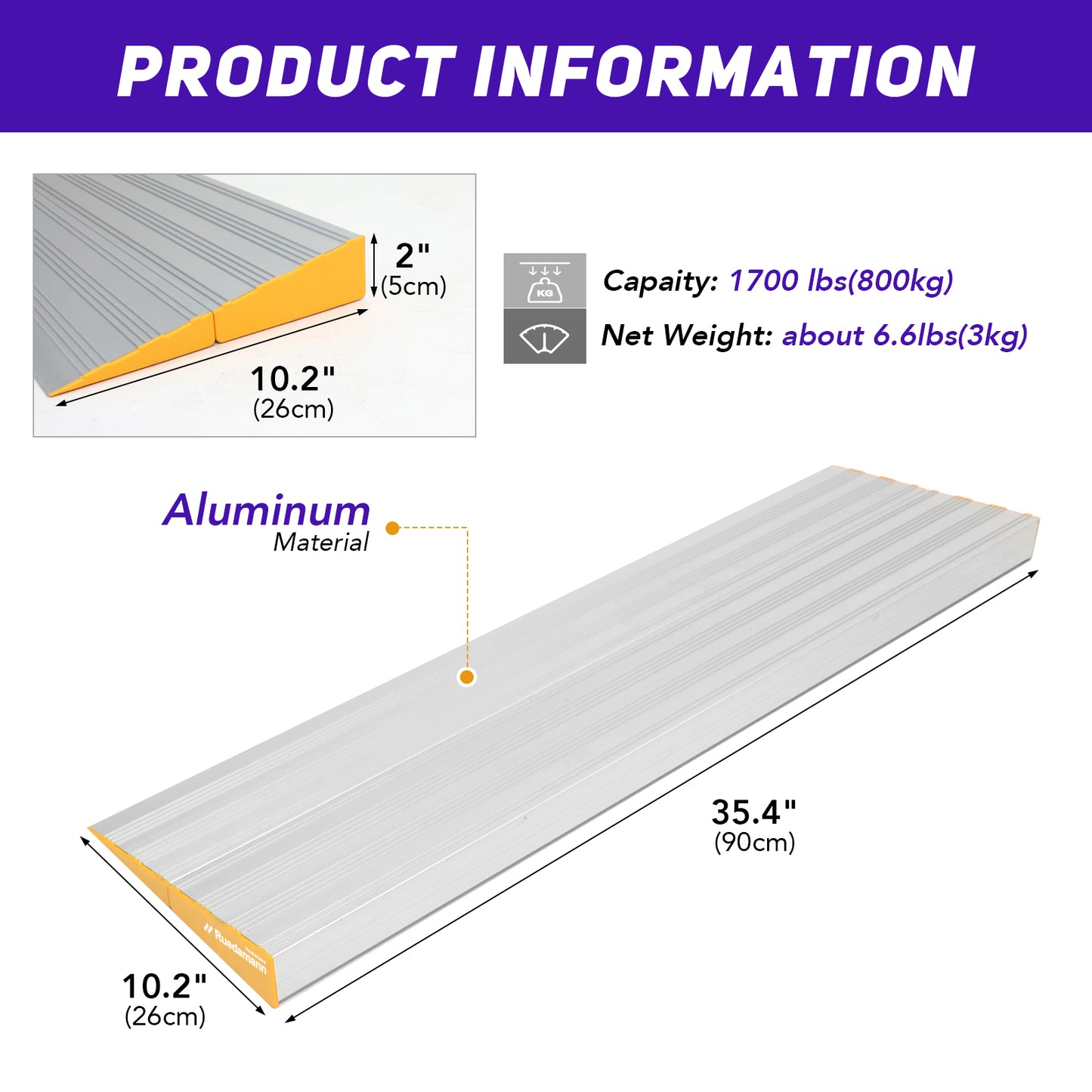 Ruedamann® Threshold Ramp Lightweight Aluminum Non Slip Mobility Assistance Ramp