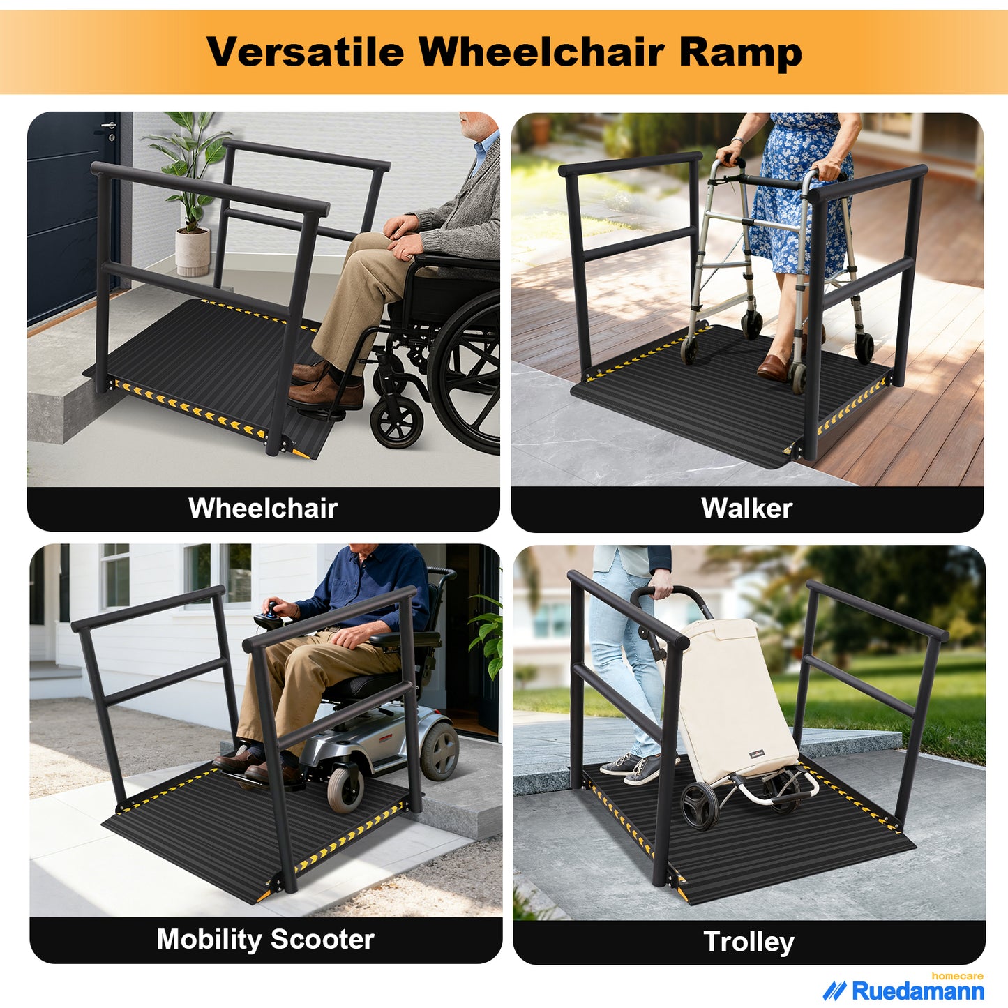 Ruedamann 36"L x 36" W Aluminum Wheelchair Ramp with Handrails, 600 lbs,Sliver