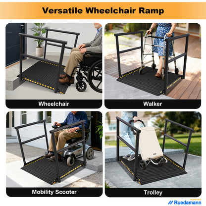Ruedamann 36"L x 36" W Aluminum Wheelchair Ramp with Handrails, 600 lbs,Sliver