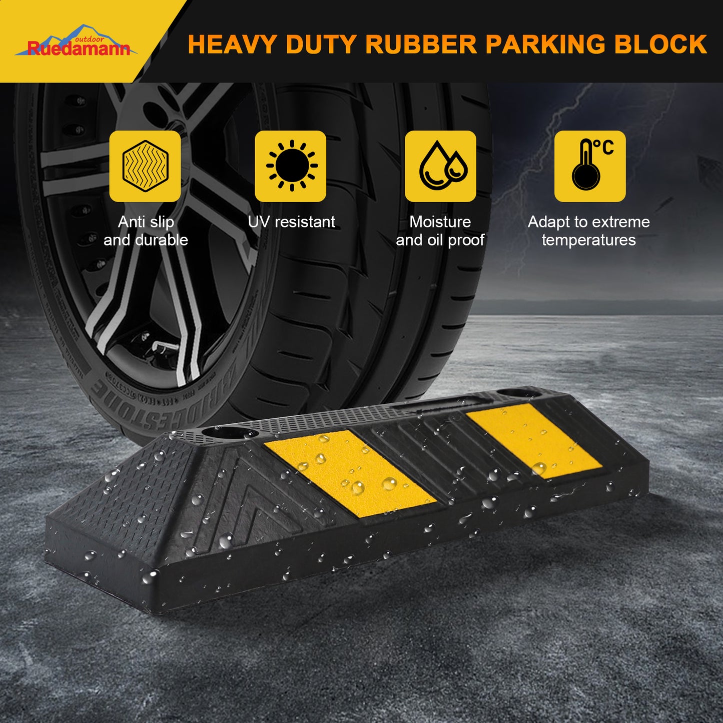 Ruedamann® 2pcs Heavy Duty Rubber Parking Blocks with Reflective Yellow Tape Curb