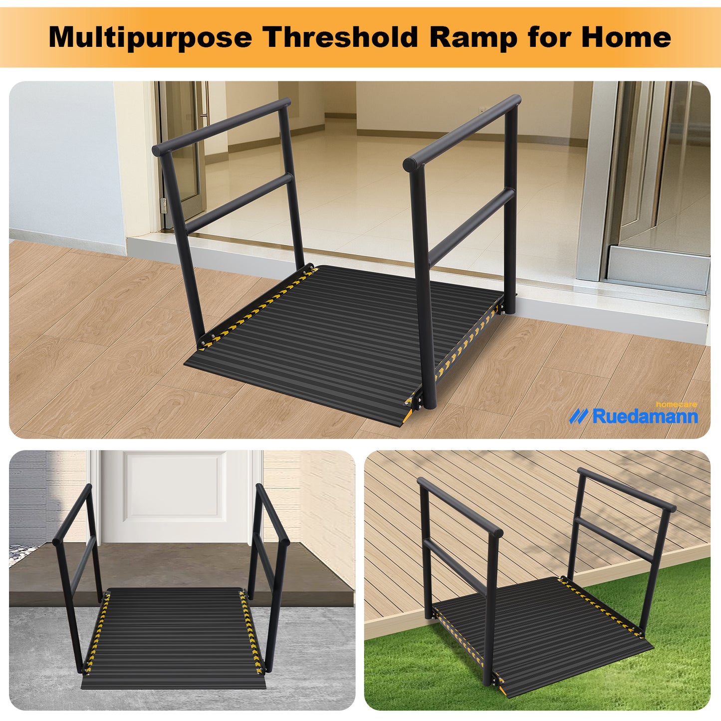 Ruedamann 36"L x 36" W Aluminum Wheelchair Ramp with Handrails, 600 lbs,Sliver