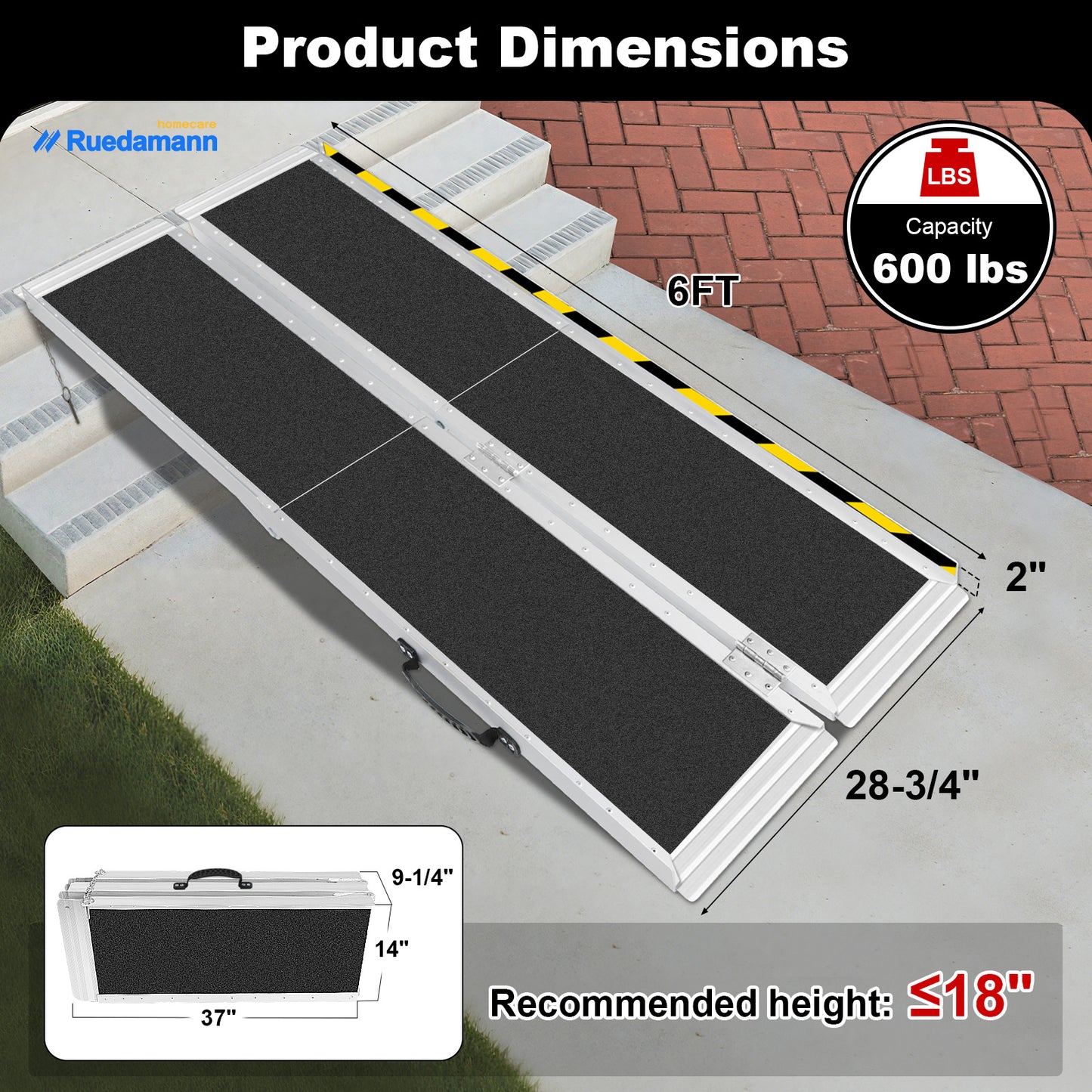 Ruedamann 6FT Folding Wheelchair Ramp,Portable, 29" Wide,Using Under 18"H, 600 lbs