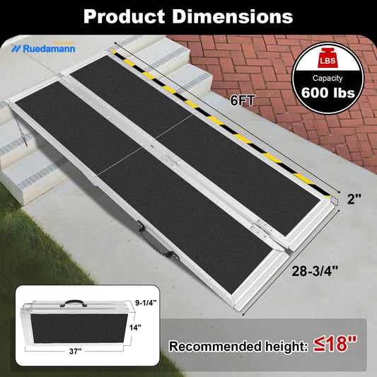 Ruedamann 6FT Portable Wheelchair Ramp, Non-Slip Aluminum Folding Handicap Ramp for Doorways, Wheel Chair Threshold Ramp for Home Steps, Stairs, Wheelchair, Scooters, Pets, Entry