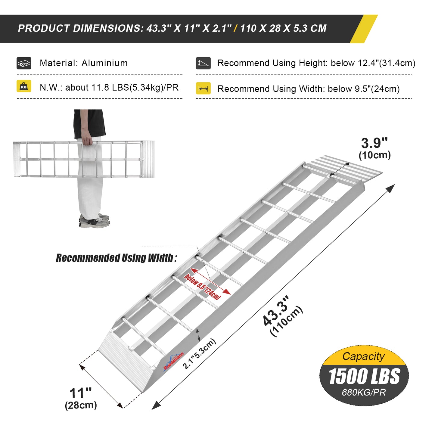 Ruedamann 43"L Loading Ramp,Aluminum,Portable,1500lbs,2Pcs（Almost Perfect）