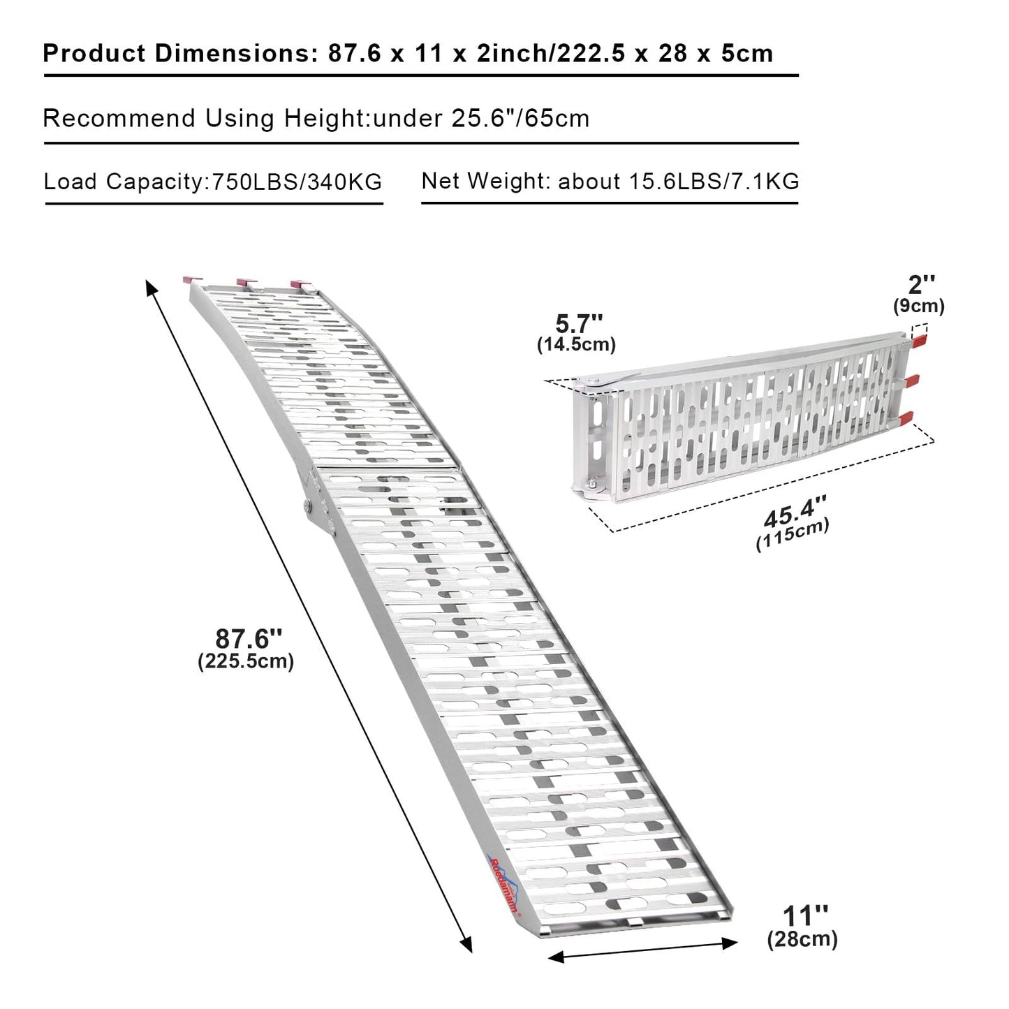 Ruedamann 7.5FT Aluminum Loading Ramps, Foldable Motorcycle Ramp, 750 Lbs Capacity, 11" Wide Lightweight Ramp for Scooters, Dirt Bikes, E-Bikes, 1PC（Almost Perfect）