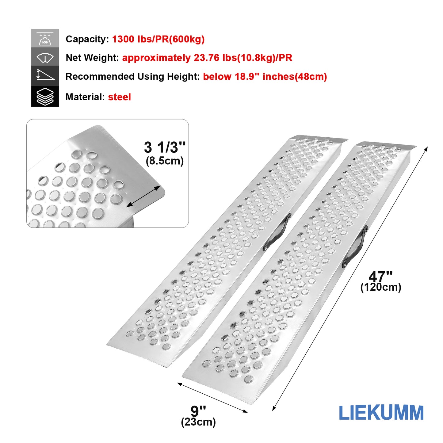 Ruedamann 47"L Steel Shed Ramp,Portable,Handle,Anti-Slip,650 lbs/PC,1 or 2 Pcs